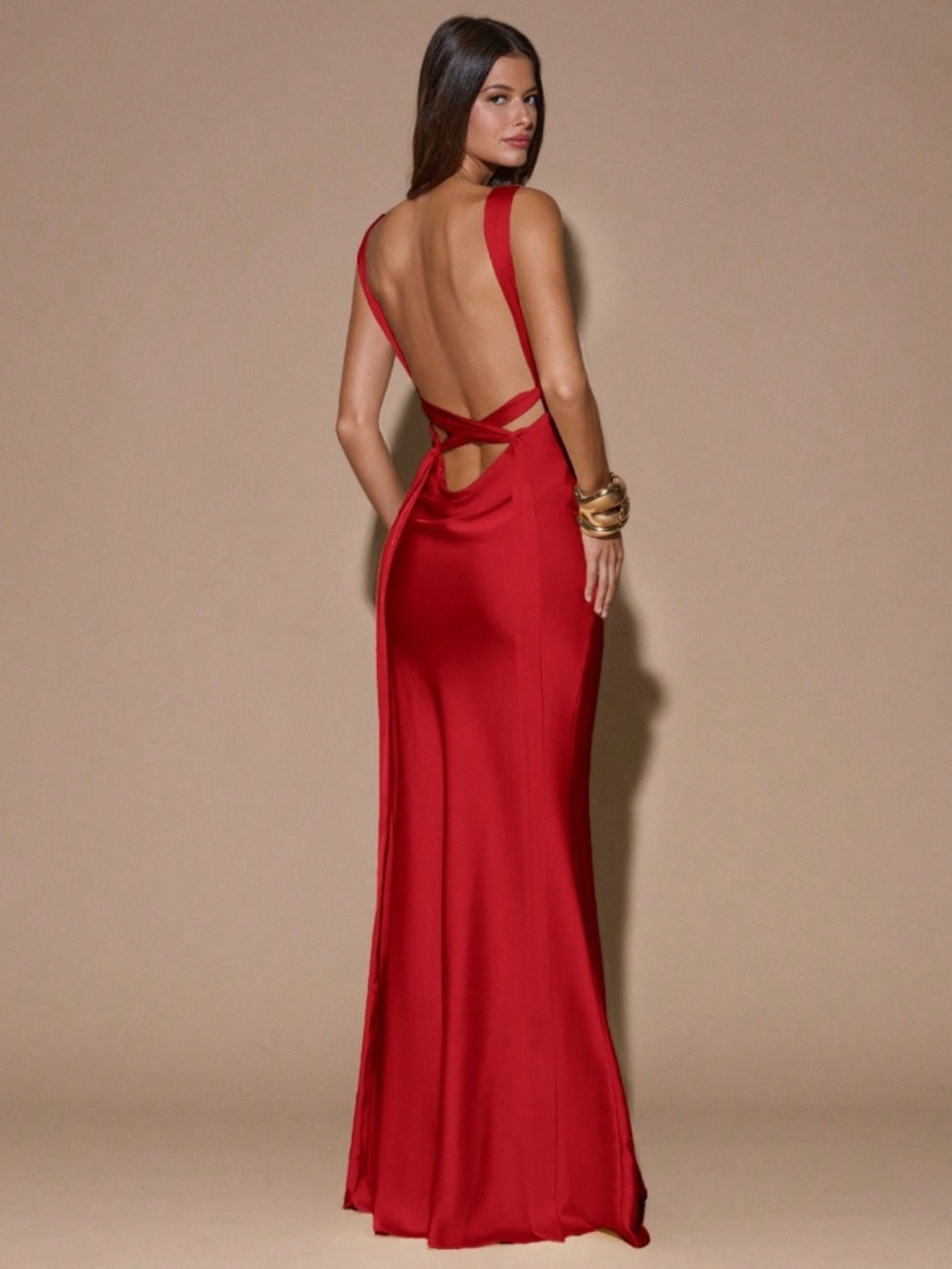 Red Satin Maxi Dress Criss Cross Back Ties - Picture 3 of 10